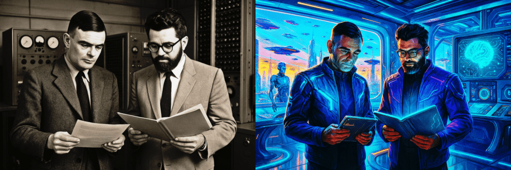 AI Picture of Turing & McCarthy in 1955 and the future.