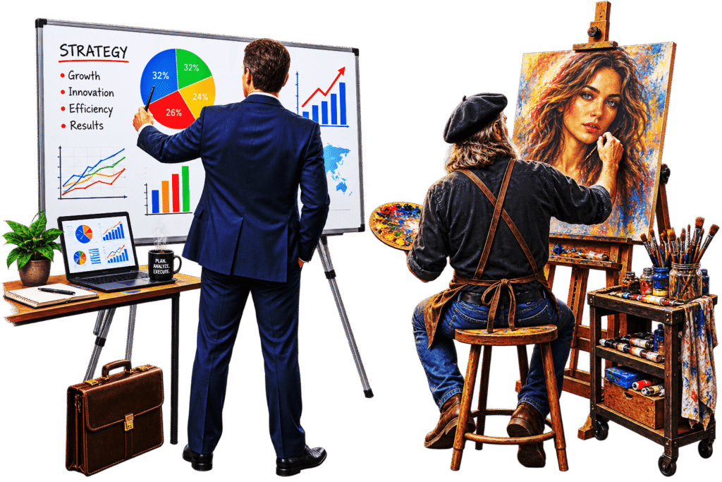 A business man and an artist working.