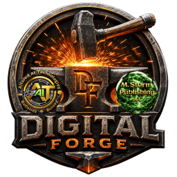 Digital Forge Logo and 2 smaller logos. M. Storm Publishing & AAIT