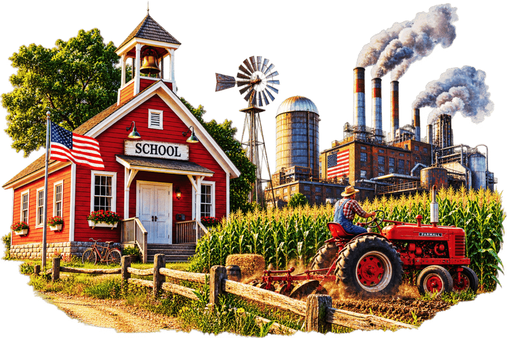 A schoolhouse, a farmer on his tractor in a field, and a factory.