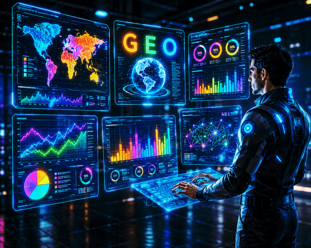 A man is standing at a holographic console with GEO on one of the monitors