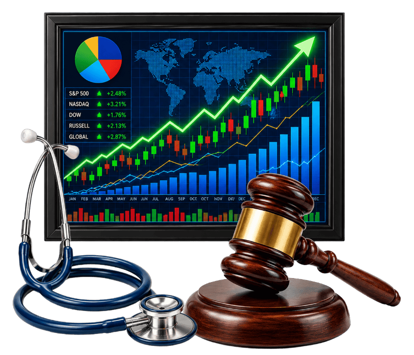 A stethoscope, financial graph and a gavel.