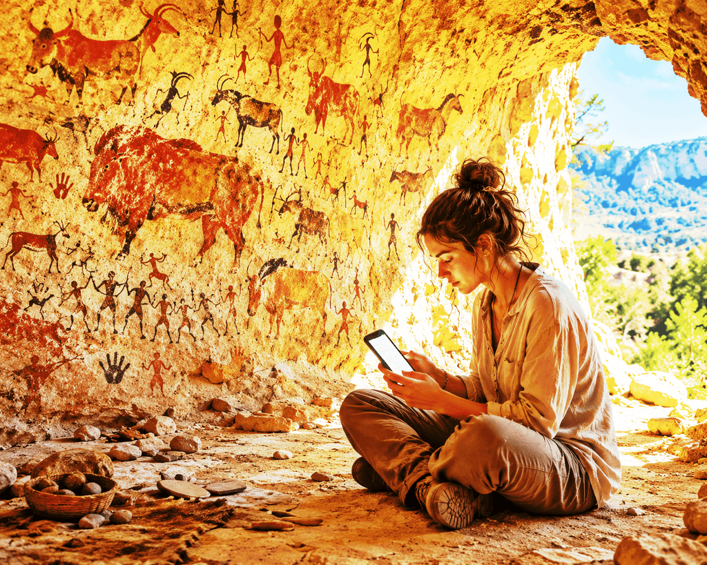 Cave painting to a girl reading from her phone, it is all about the word