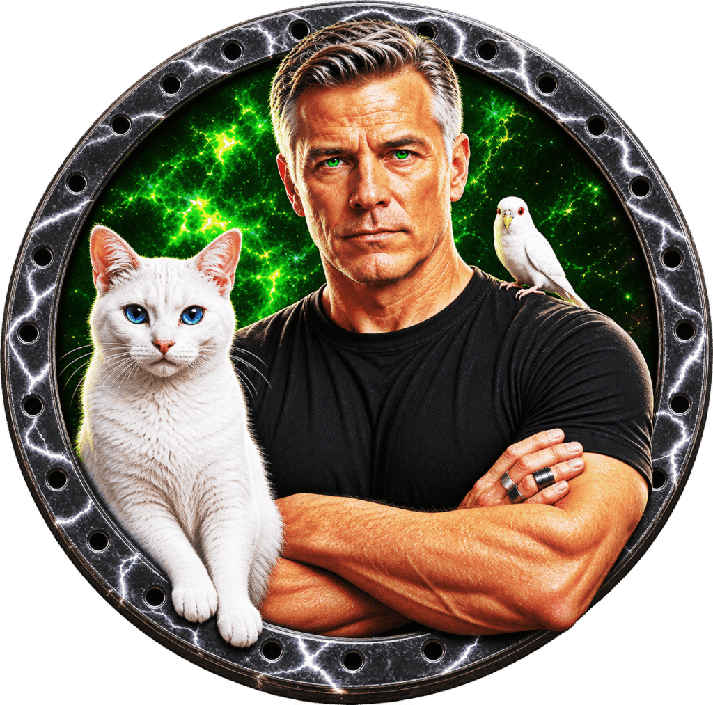 Mace Storm, Gilligan & Merlin in a black circular border