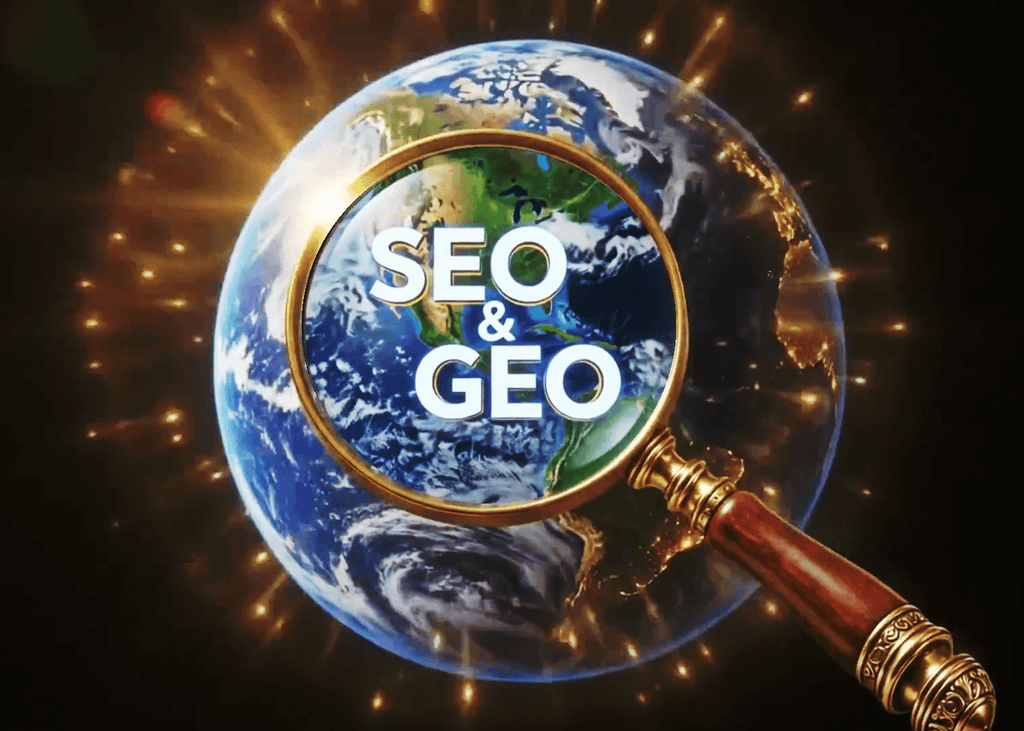 Plnet Earth with a magnifing Glass over it. its spells SEO & GEO.